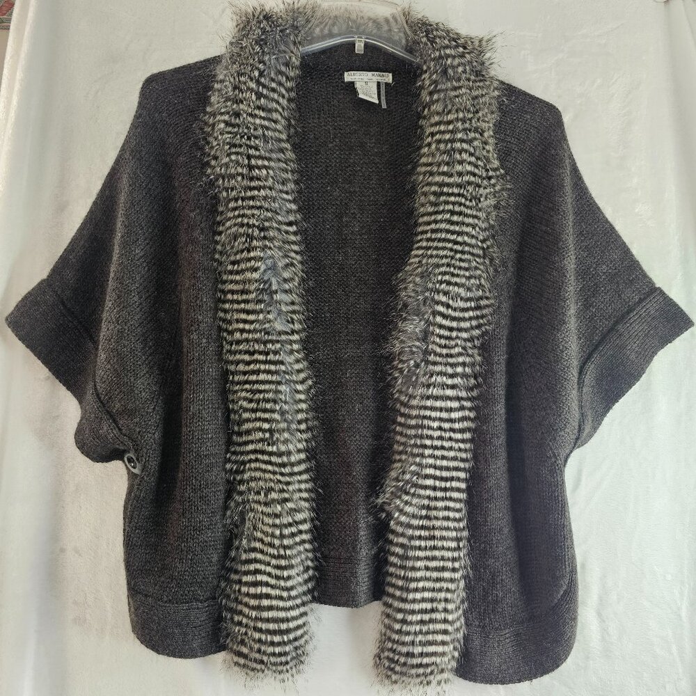 Alberto Makali Women Gray Sweater Cape Short Sleeve Faux Fur S Cardigan